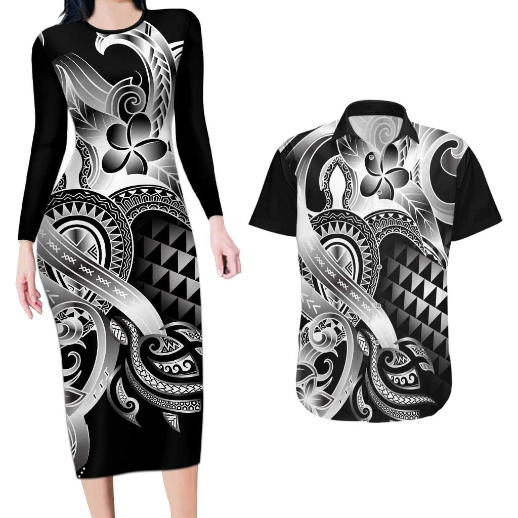 Aloha Black Tribal Honu Tattoo Couples Matching Long Sleeve Bodycon Dress and Hawaiian Shirt