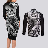 Aloha Black Tribal Honu Tattoo Couples Matching Long Sleeve Bodycon Dress and Long Sleeve Button Shirt