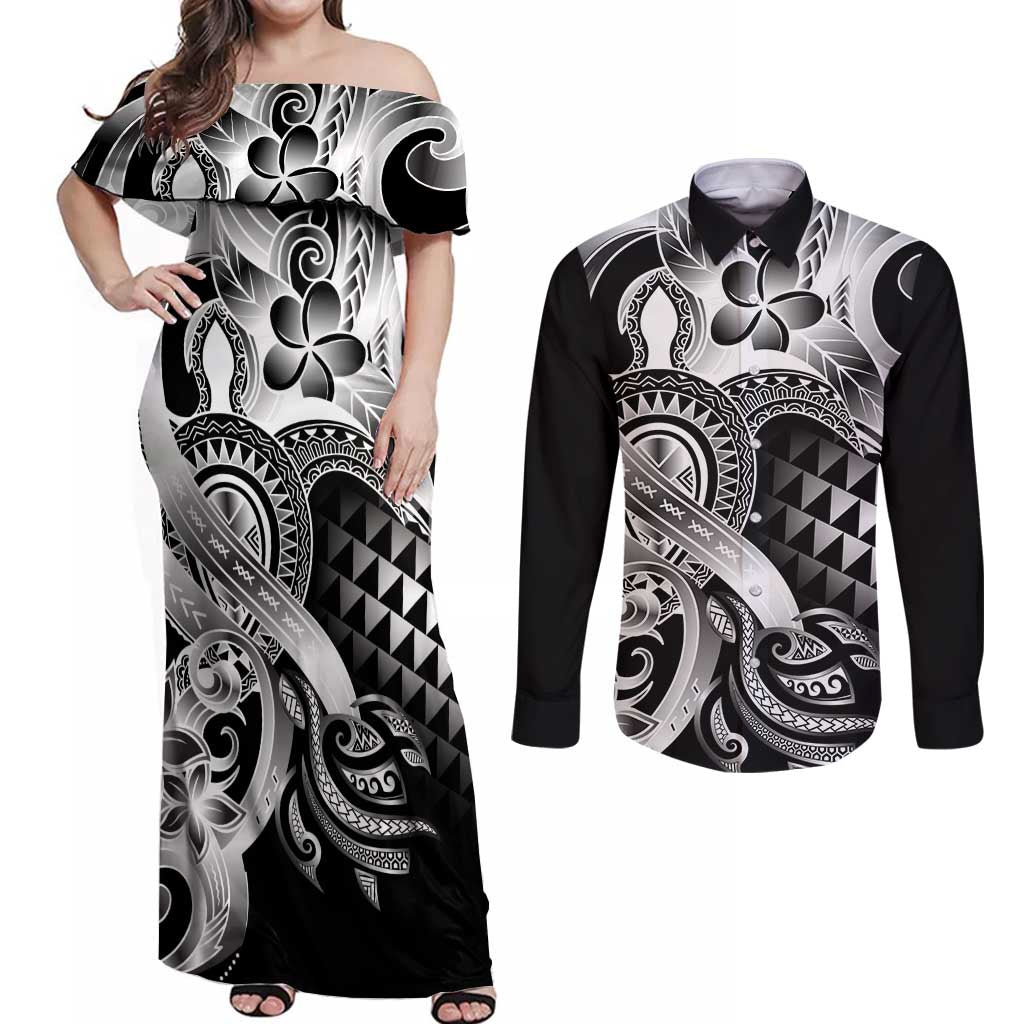 Aloha Black Tribal Honu Tattoo Couples Matching Off Shoulder Maxi Dress and Long Sleeve Button Shirt
