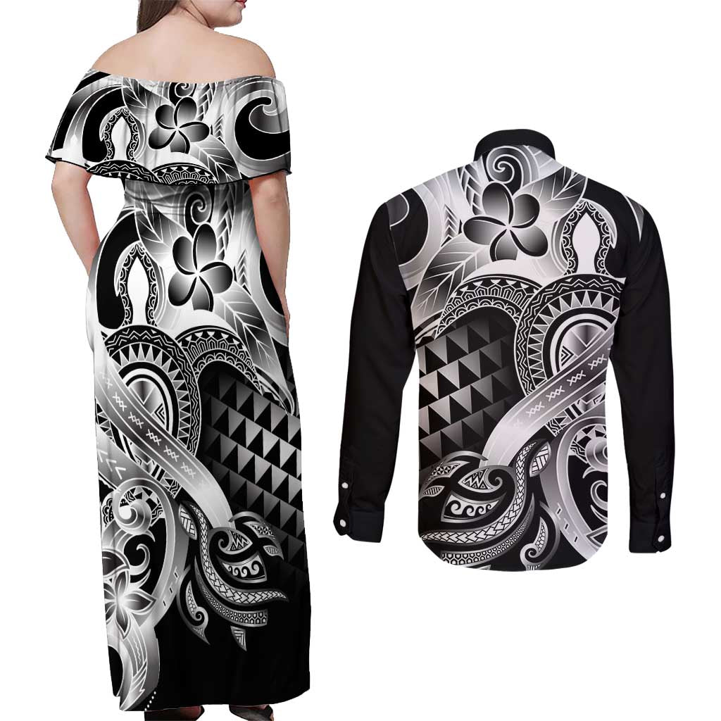 Aloha Black Tribal Honu Tattoo Couples Matching Off Shoulder Maxi Dress and Long Sleeve Button Shirt