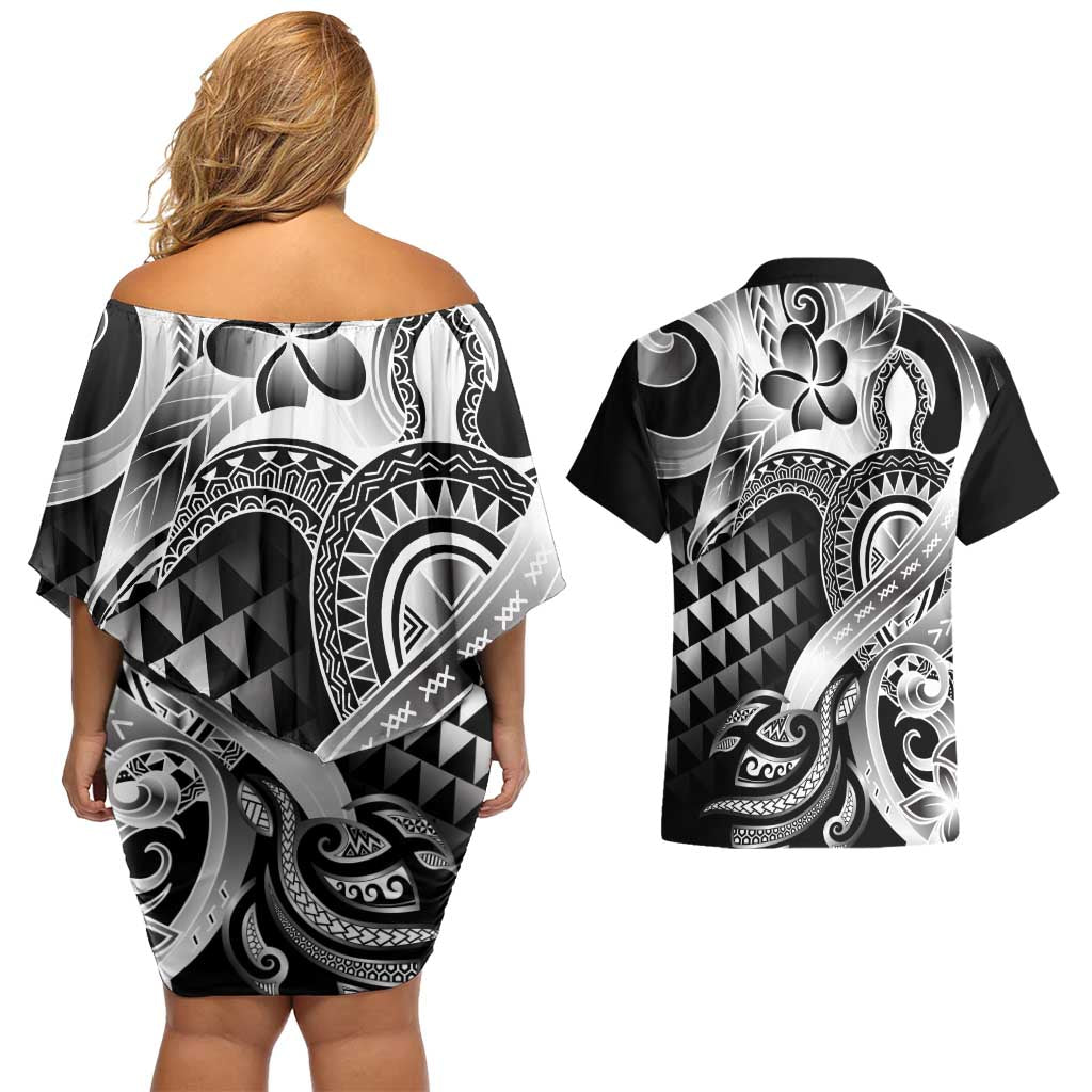 Aloha Black Tribal Honu Tattoo Couples Matching Off Shoulder Short Dress and Hawaiian Shirt