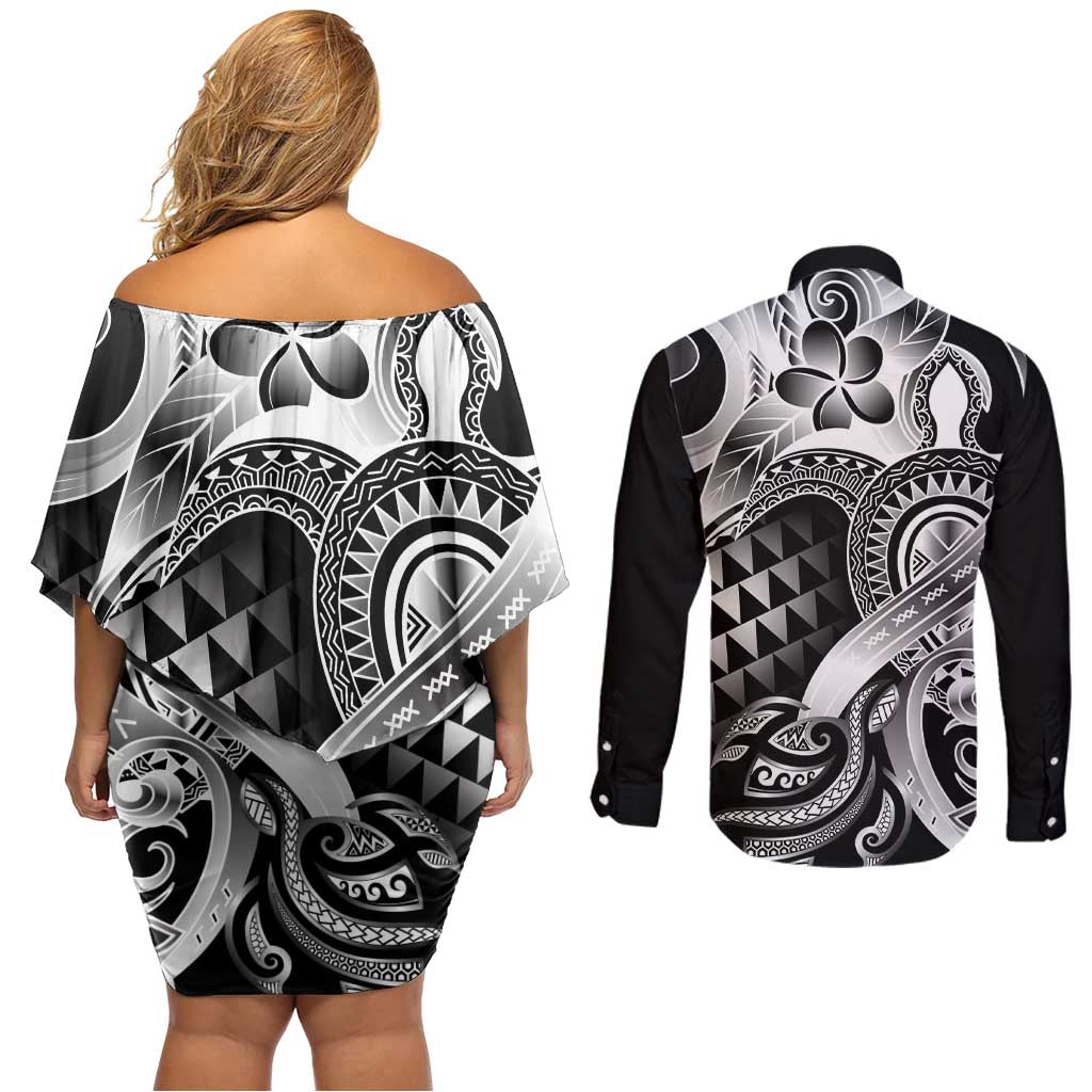 Aloha Black Tribal Honu Tattoo Couples Matching Off Shoulder Short Dress and Long Sleeve Button Shirt