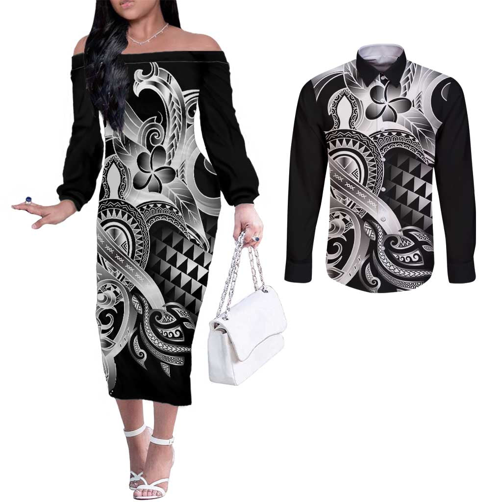 Aloha Black Tribal Honu Tattoo Couples Matching Off The Shoulder Long Sleeve Dress and Long Sleeve Button Shirt