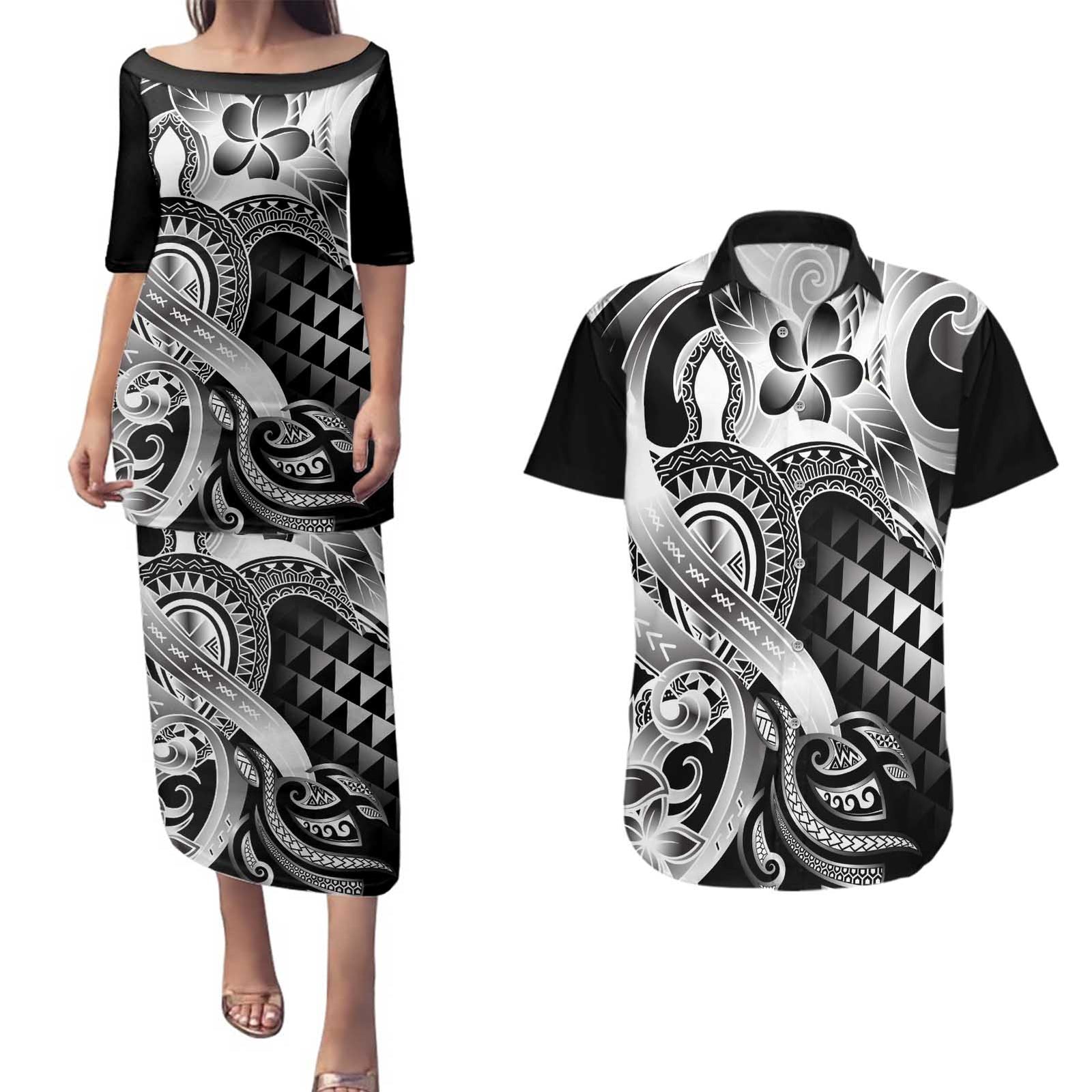 Aloha Black Tribal Honu Tattoo Couples Matching Puletasi and Hawaiian Shirt