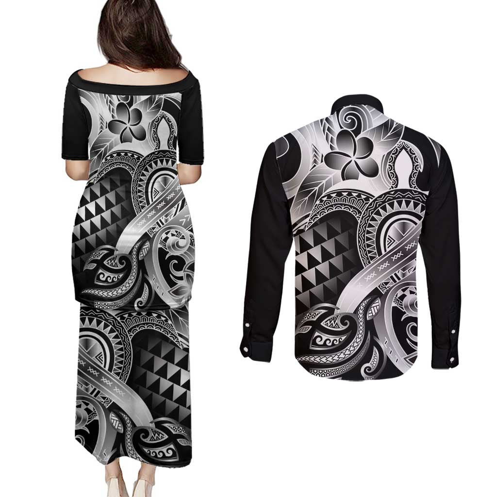 Aloha Black Tribal Honu Tattoo Couples Matching Puletasi and Long Sleeve Button Shirt