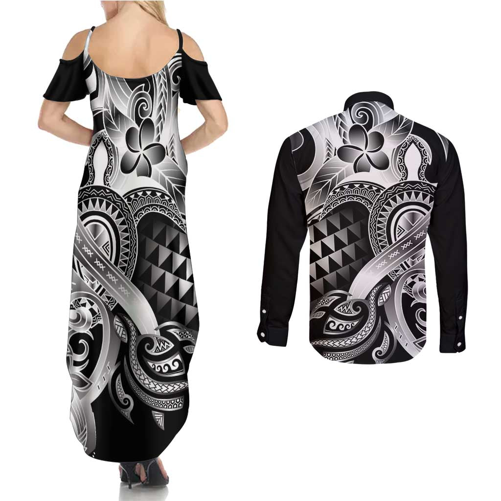 Aloha Black Tribal Honu Tattoo Couples Matching Summer Maxi Dress and Long Sleeve Button Shirt