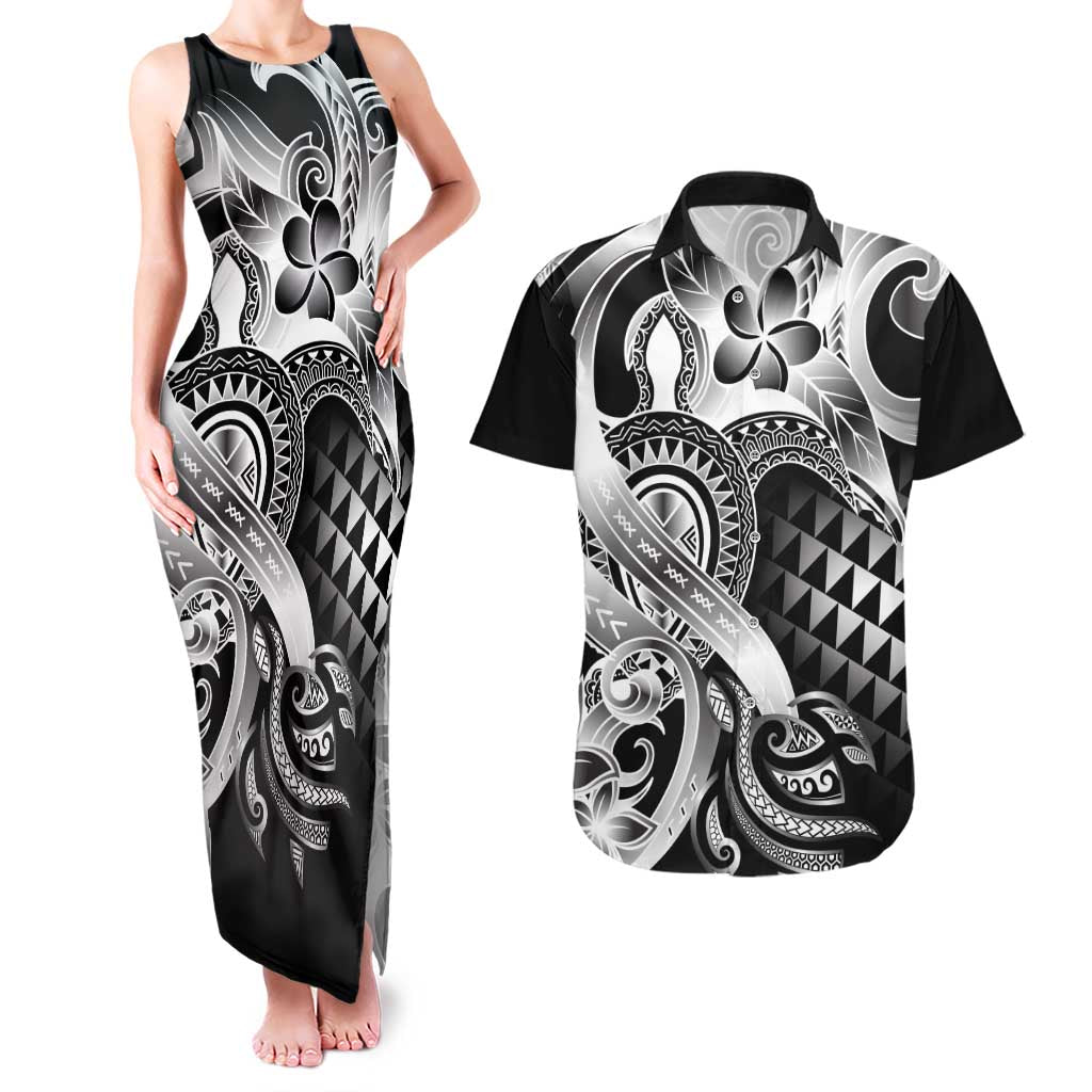 Aloha Black Tribal Honu Tattoo Couples Matching Tank Maxi Dress and Hawaiian Shirt