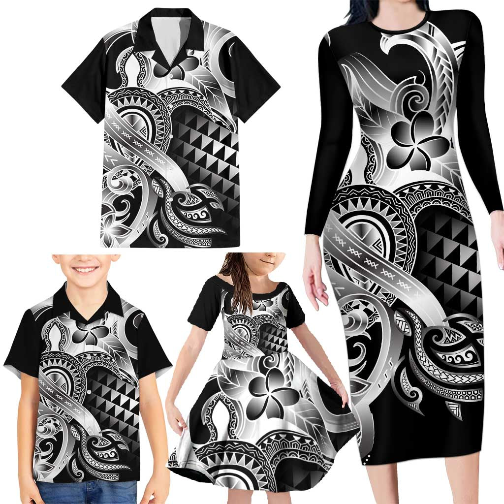 Aloha Black Tribal Honu Tattoo Family Matching Long Sleeve Bodycon Dress and Hawaiian Shirt