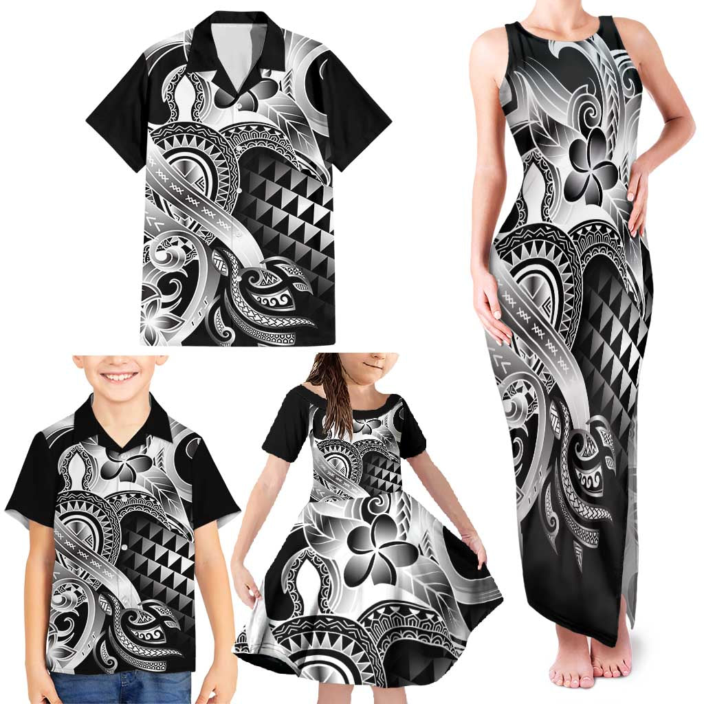 Aloha Black Tribal Honu Tattoo Family Matching Tank Maxi Dress and Hawaiian Shirt