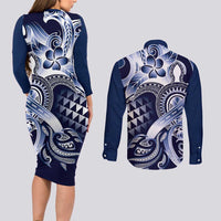 Aloha Blue Tribal Honu Tattoo Couples Matching Long Sleeve Bodycon Dress and Long Sleeve Button Shirt