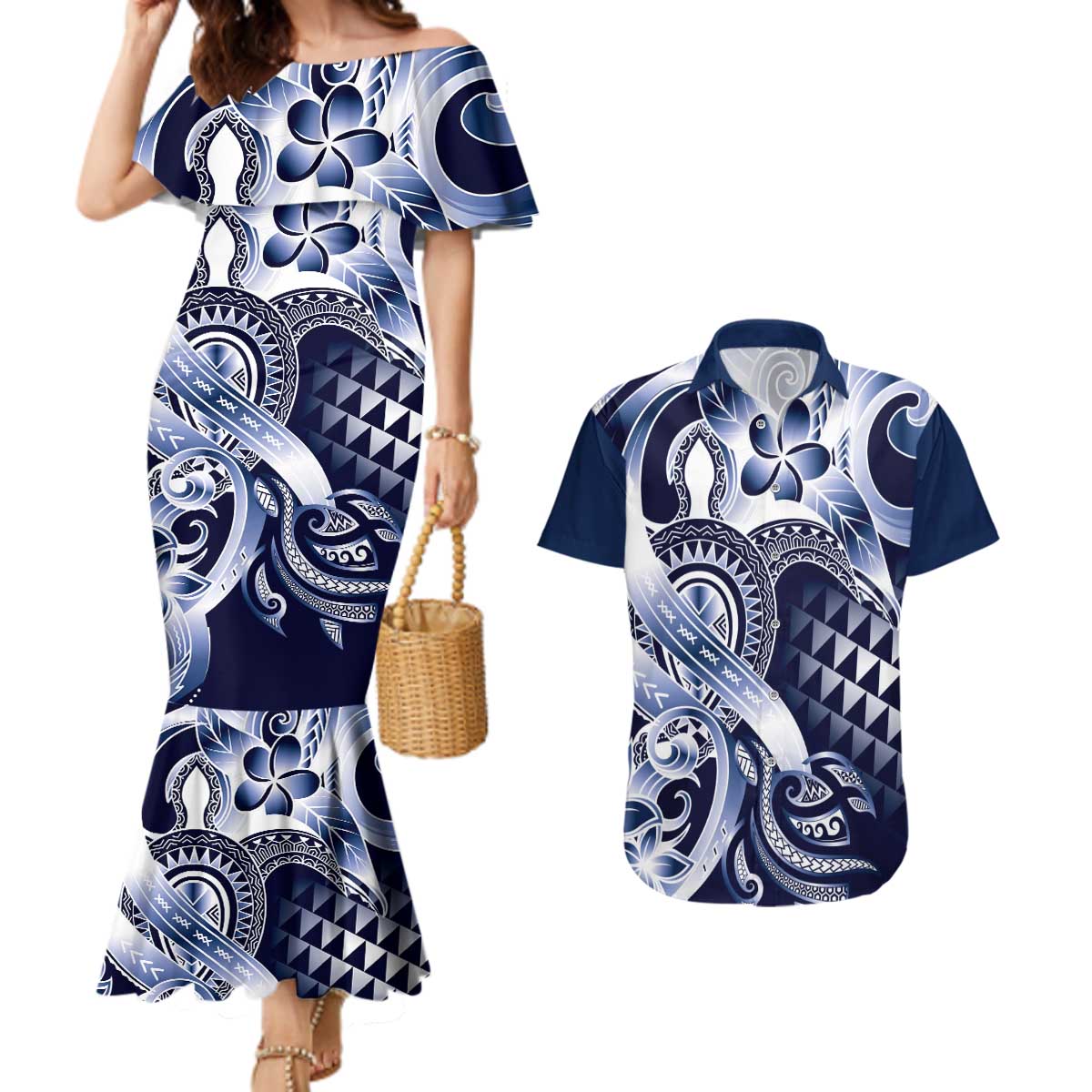 Aloha Blue Tribal Honu Tattoo Couples Matching Mermaid Dress and Hawaiian Shirt