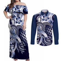 Aloha Blue Tribal Honu Tattoo Couples Matching Off Shoulder Maxi Dress and Long Sleeve Button Shirt