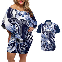 Aloha Blue Tribal Honu Tattoo Couples Matching Off Shoulder Short Dress and Hawaiian Shirt