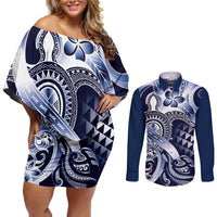 Aloha Blue Tribal Honu Tattoo Couples Matching Off Shoulder Short Dress and Long Sleeve Button Shirt