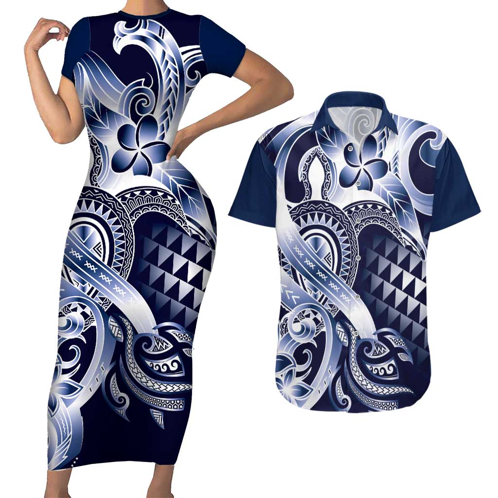 Aloha Blue Tribal Honu Tattoo Couples Matching Short Sleeve Bodycon Dress and Hawaiian Shirt