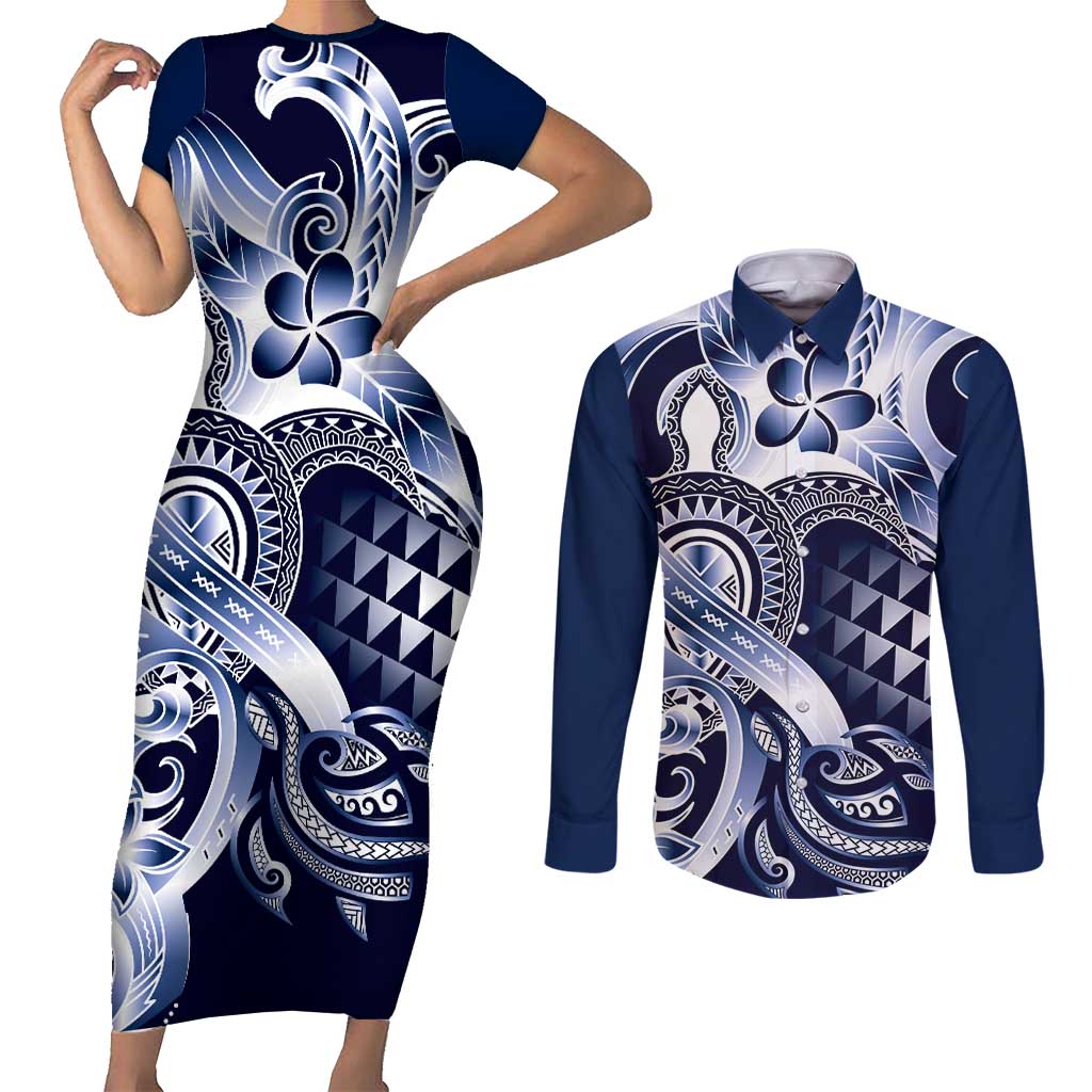 Aloha Blue Tribal Honu Tattoo Couples Matching Short Sleeve Bodycon Dress and Long Sleeve Button Shirt