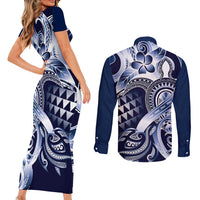 Aloha Blue Tribal Honu Tattoo Couples Matching Short Sleeve Bodycon Dress and Long Sleeve Button Shirt