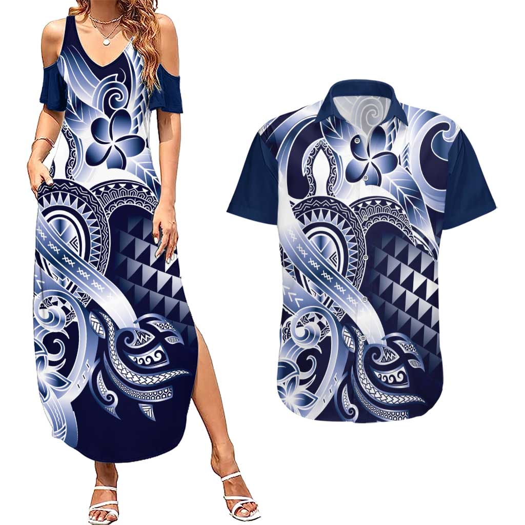 Aloha Blue Tribal Honu Tattoo Couples Matching Summer Maxi Dress and Hawaiian Shirt