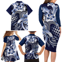 Aloha Blue Tribal Honu Tattoo Family Matching Long Sleeve Bodycon Dress and Hawaiian Shirt
