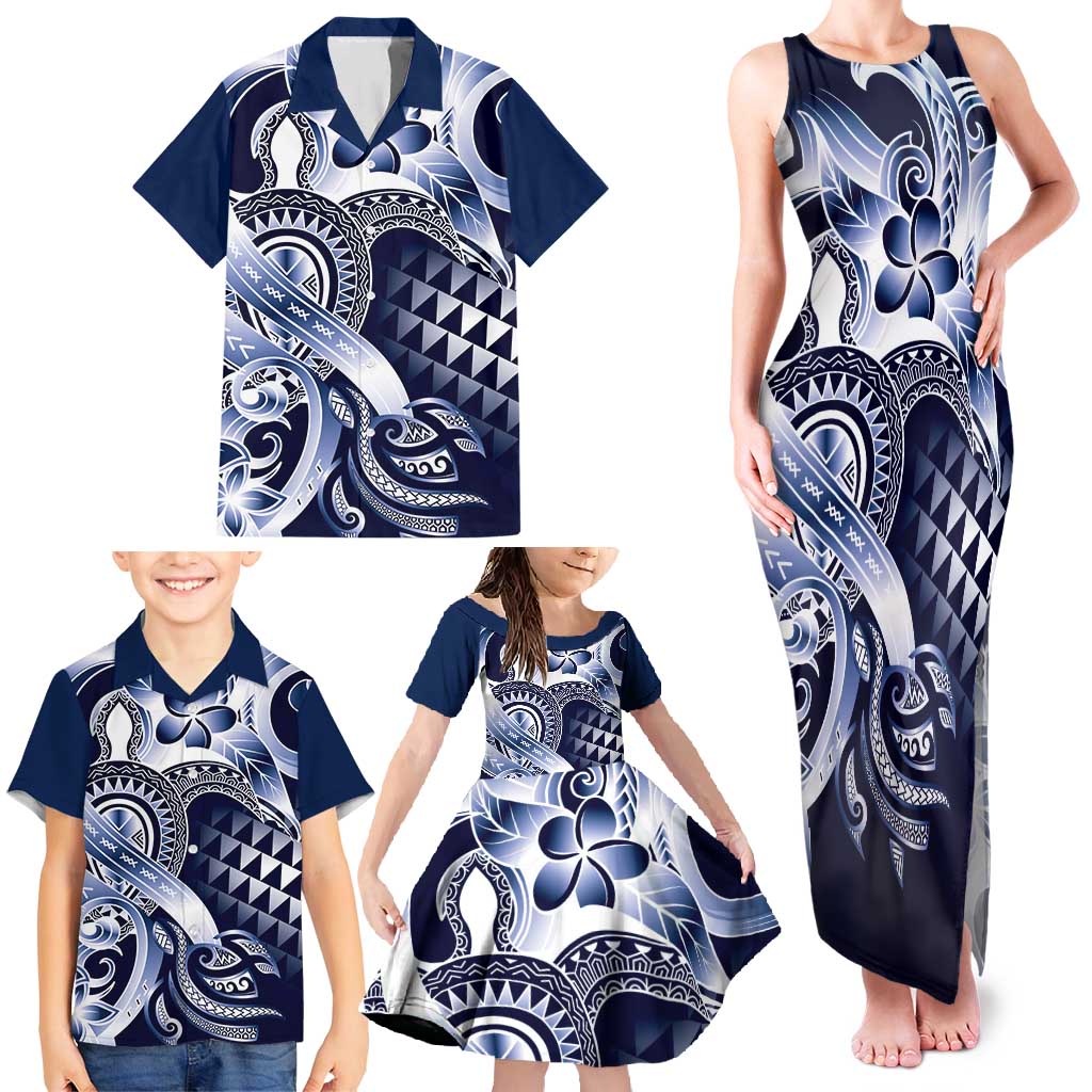 Aloha Blue Tribal Honu Tattoo Family Matching Tank Maxi Dress and Hawaiian Shirt
