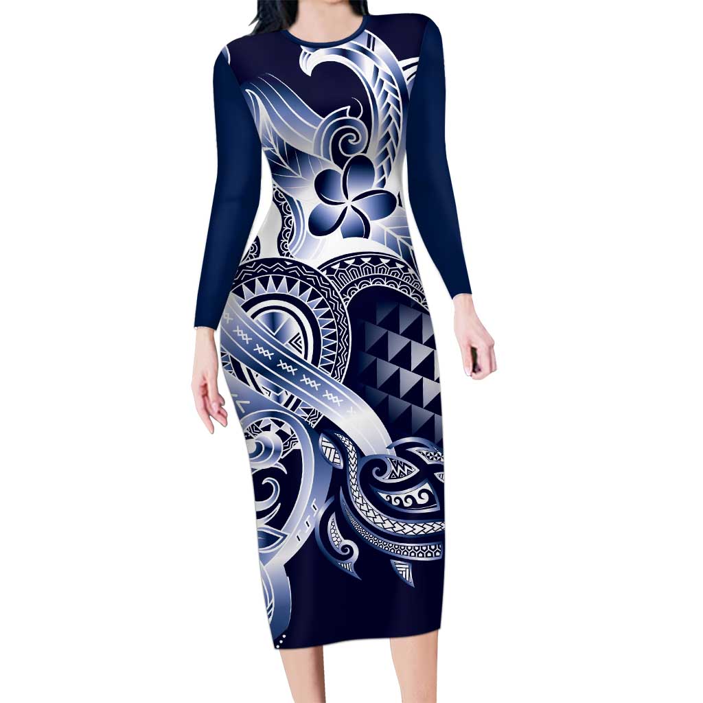 Aloha Blue Tribal Honu Tattoo Long Sleeve Bodycon Dress