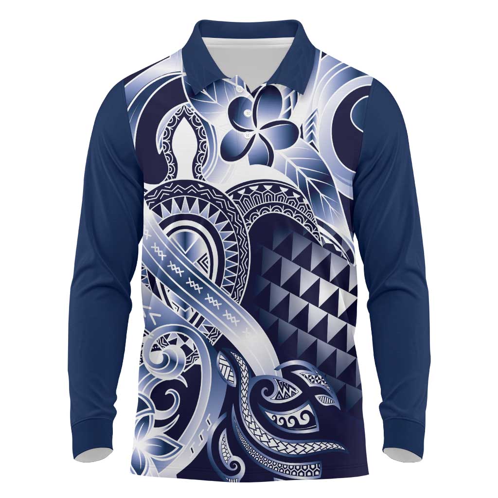 Aloha Blue Tribal Honu Tattoo Long Sleeve Polo Shirt