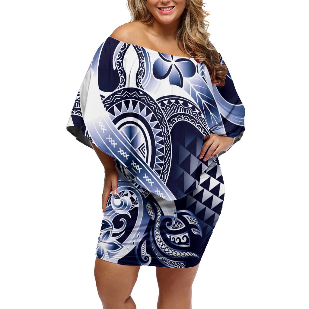 Aloha Blue Tribal Honu Tattoo Off Shoulder Short Dress