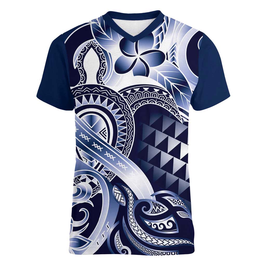 Aloha Blue Tribal Honu Tattoo Women V-Neck T-Shirt