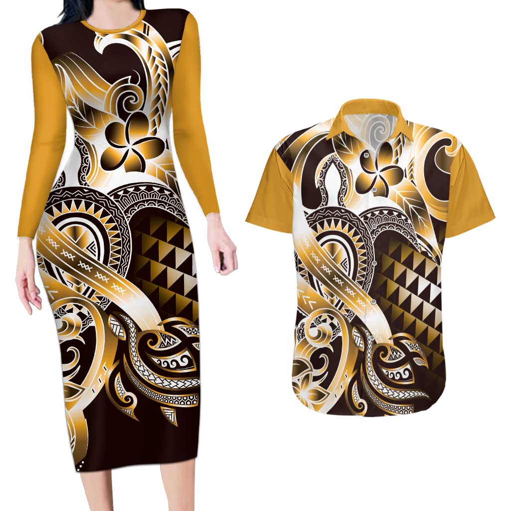 Aloha Gold Tribal Honu Tattoo Couples Matching Long Sleeve Bodycon Dress and Hawaiian Shirt