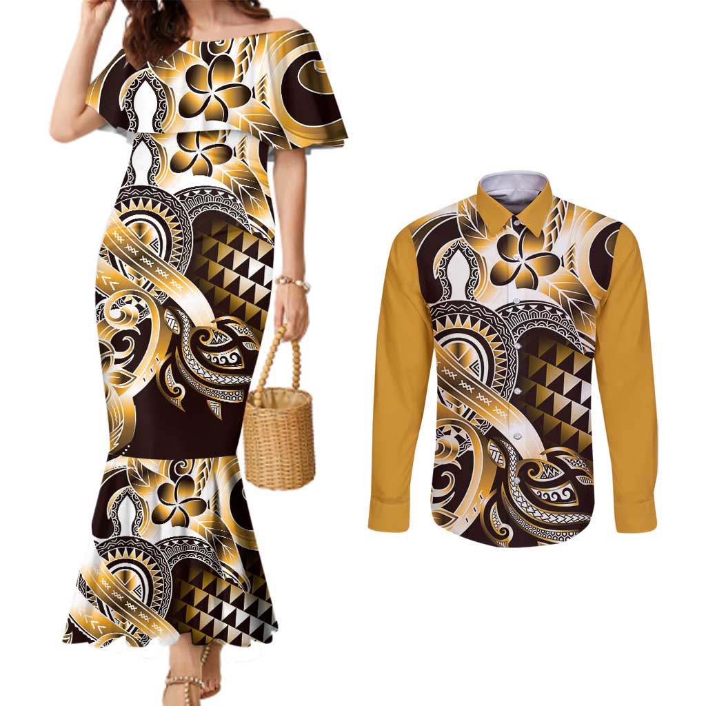 Aloha Gold Tribal Honu Tattoo Couples Matching Mermaid Dress and Long Sleeve Button Shirt