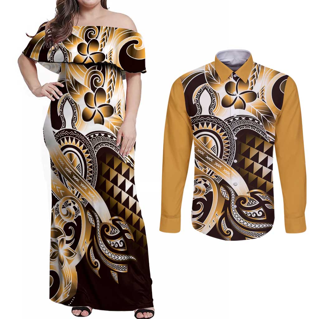 Aloha Gold Tribal Honu Tattoo Couples Matching Off Shoulder Maxi Dress and Long Sleeve Button Shirt