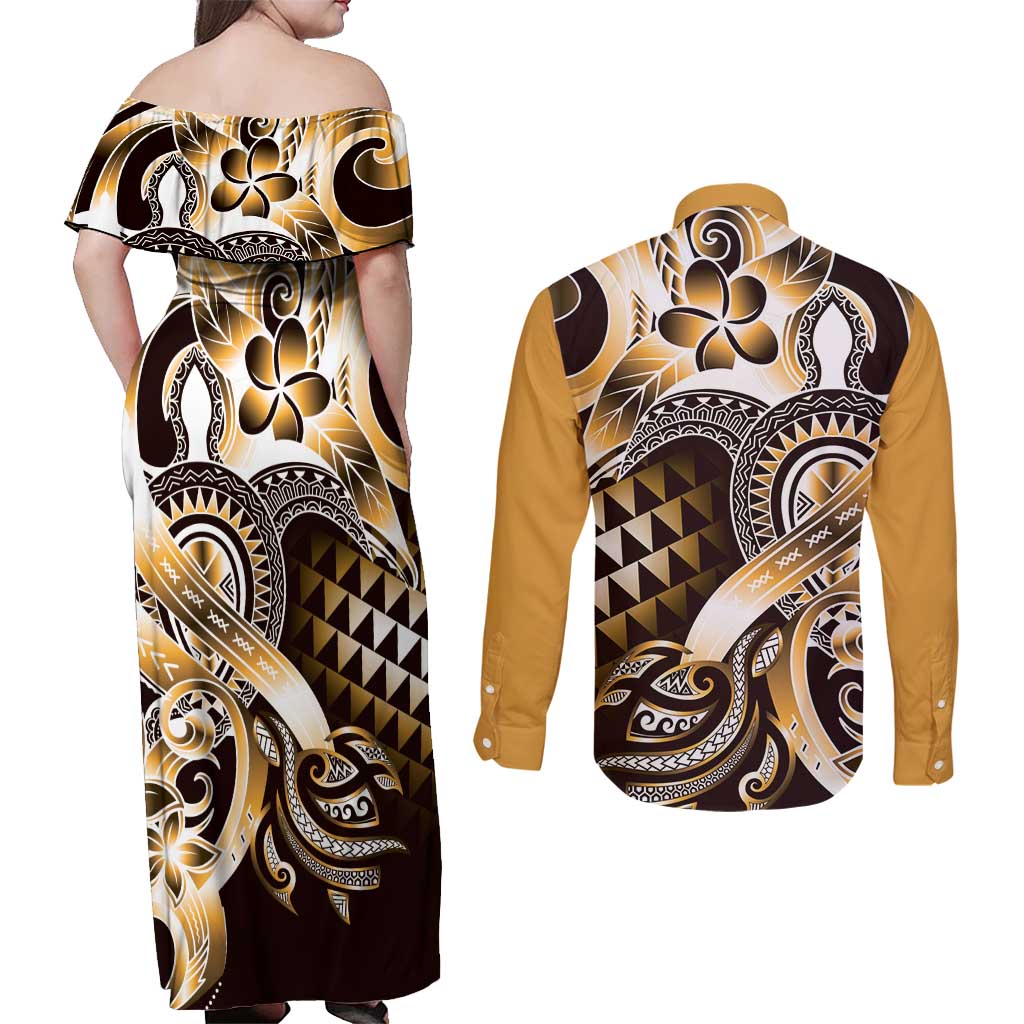 Aloha Gold Tribal Honu Tattoo Couples Matching Off Shoulder Maxi Dress and Long Sleeve Button Shirt