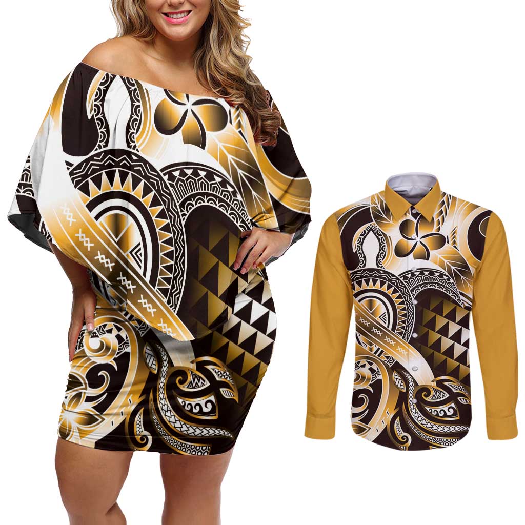 Aloha Gold Tribal Honu Tattoo Couples Matching Off Shoulder Short Dress and Long Sleeve Button Shirt