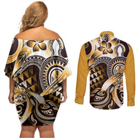 Aloha Gold Tribal Honu Tattoo Couples Matching Off Shoulder Short Dress and Long Sleeve Button Shirt