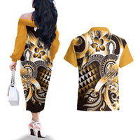 Aloha Gold Tribal Honu Tattoo Couples Matching Off The Shoulder Long Sleeve Dress and Hawaiian Shirt
