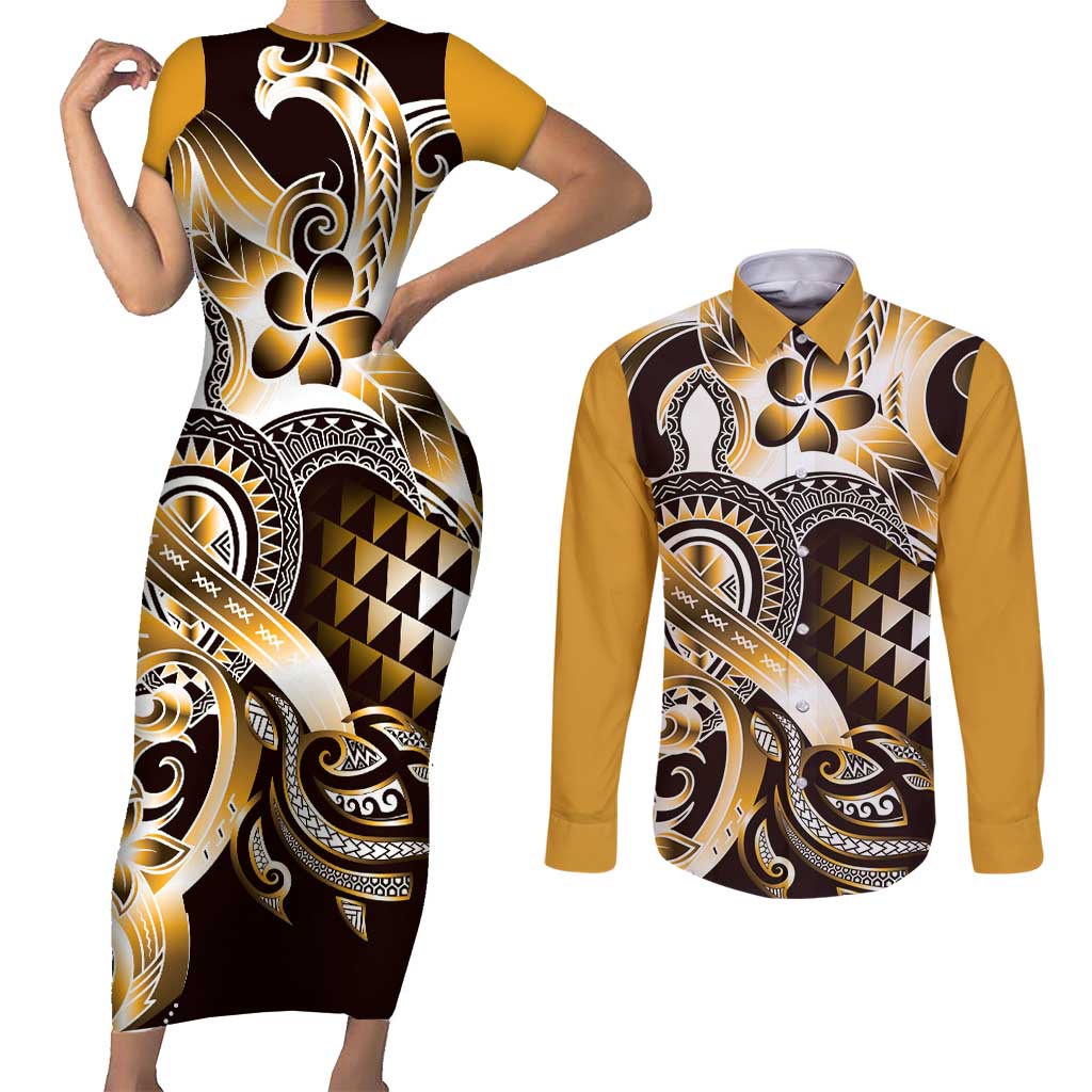 Aloha Gold Tribal Honu Tattoo Couples Matching Short Sleeve Bodycon Dress and Long Sleeve Button Shirt