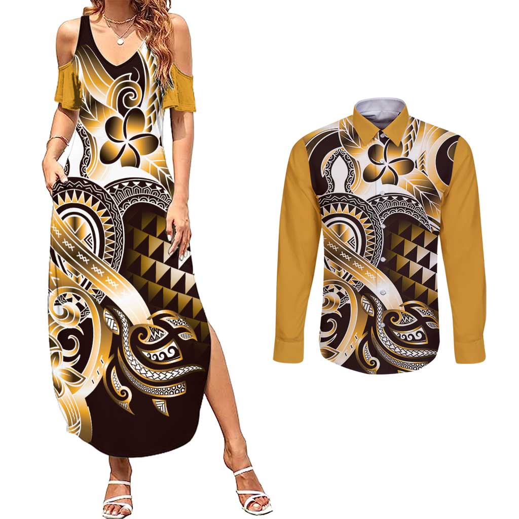 Aloha Gold Tribal Honu Tattoo Couples Matching Summer Maxi Dress and Long Sleeve Button Shirt