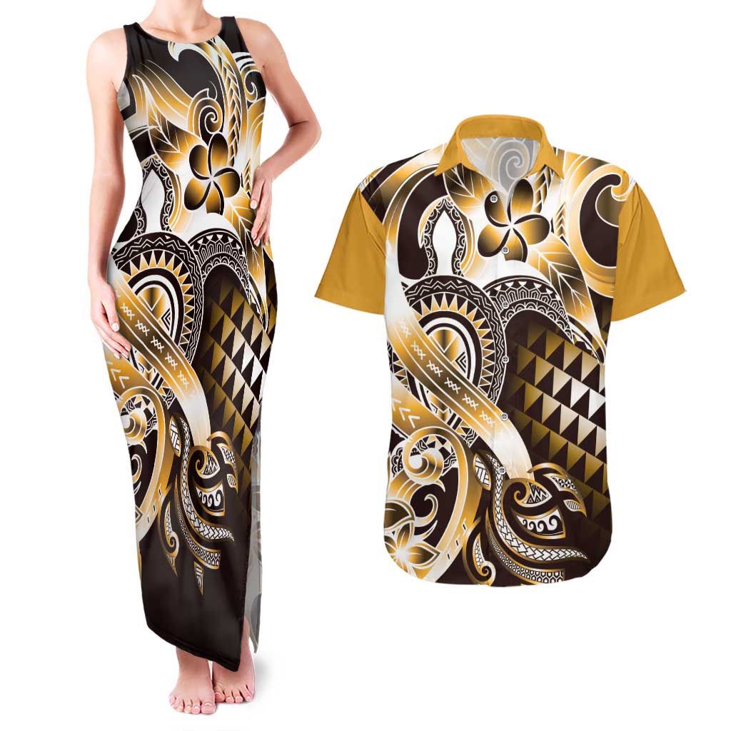 Aloha Gold Tribal Honu Tattoo Couples Matching Tank Maxi Dress and Hawaiian Shirt