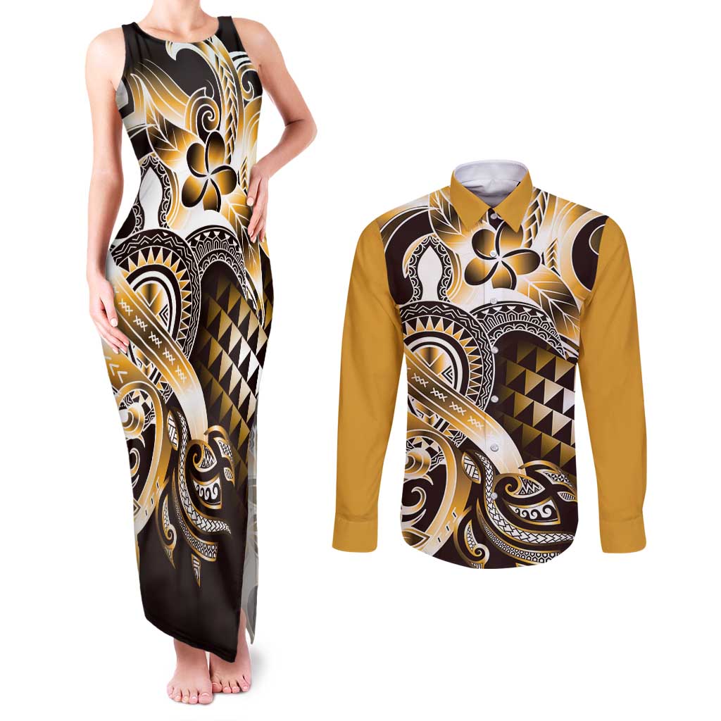 Aloha Gold Tribal Honu Tattoo Couples Matching Tank Maxi Dress and Long Sleeve Button Shirt