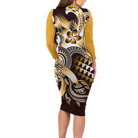 Aloha Gold Tribal Honu Tattoo Family Matching Long Sleeve Bodycon Dress and Hawaiian Shirt