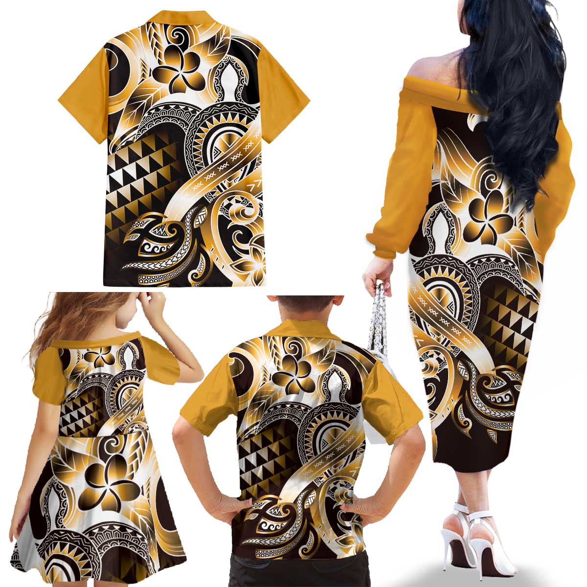 Aloha Gold Tribal Honu Tattoo Family Matching Off The Shoulder Long Sleeve Dress and Hawaiian Shirt