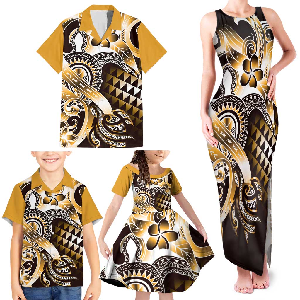 Aloha Gold Tribal Honu Tattoo Family Matching Tank Maxi Dress and Hawaiian Shirt