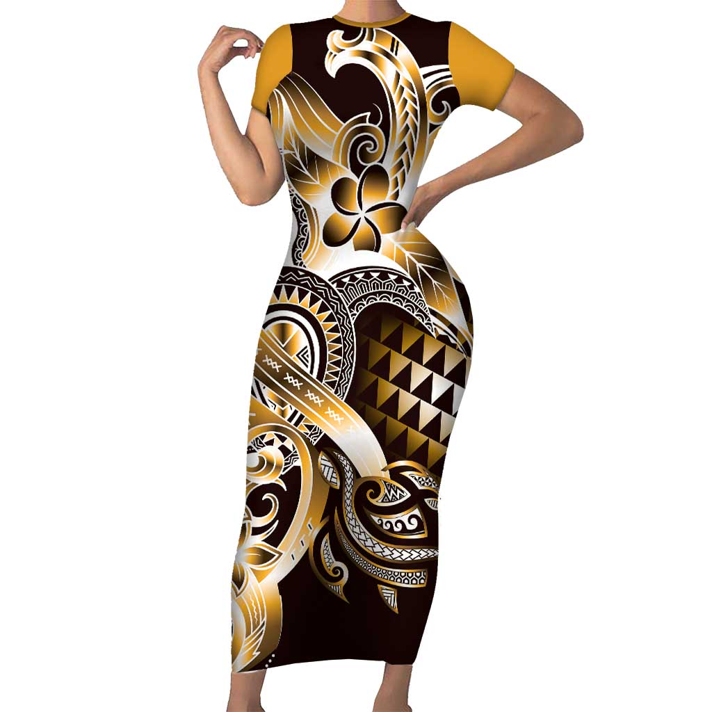 Aloha Gold Tribal Honu Tattoo Short Sleeve Bodycon Dress