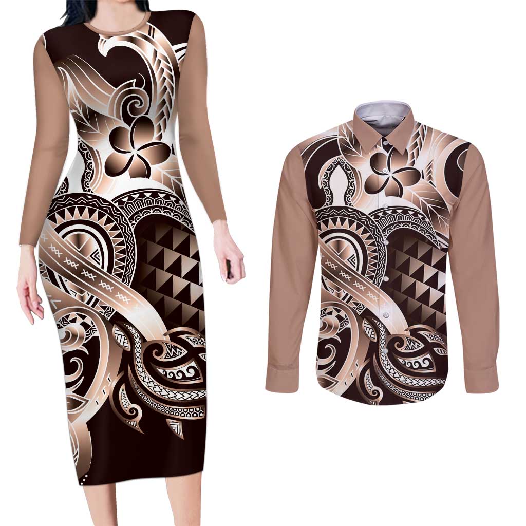 Aloha Mocha Mousse Tribal Honu Tattoo Couples Matching Long Sleeve Bodycon Dress and Long Sleeve Button Shirt