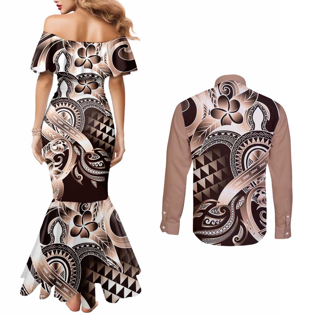 Aloha Mocha Mousse Tribal Honu Tattoo Couples Matching Mermaid Dress and Long Sleeve Button Shirt