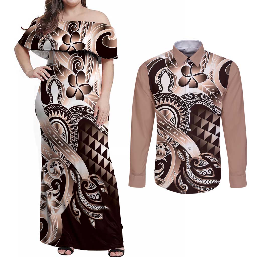 Aloha Mocha Mousse Tribal Honu Tattoo Couples Matching Off Shoulder Maxi Dress and Long Sleeve Button Shirt