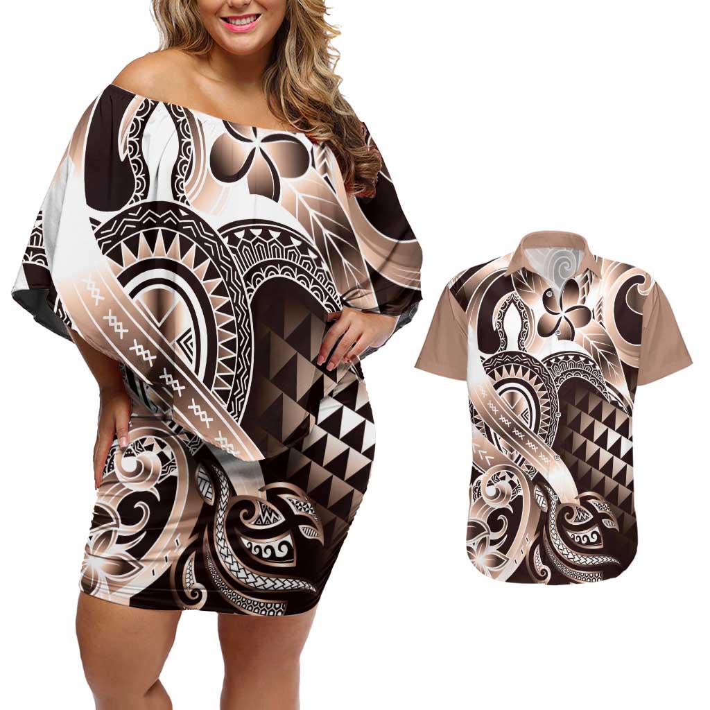 Aloha Mocha Mousse Tribal Honu Tattoo Couples Matching Off Shoulder Short Dress and Hawaiian Shirt
