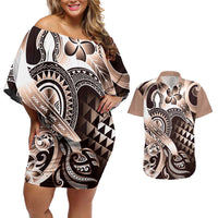 Aloha Mocha Mousse Tribal Honu Tattoo Couples Matching Off Shoulder Short Dress and Hawaiian Shirt