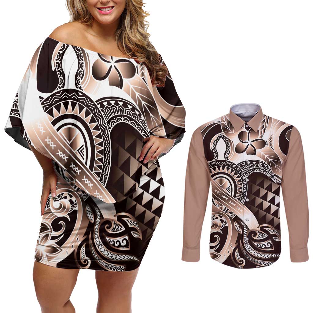 Aloha Mocha Mousse Tribal Honu Tattoo Couples Matching Off Shoulder Short Dress and Long Sleeve Button Shirt