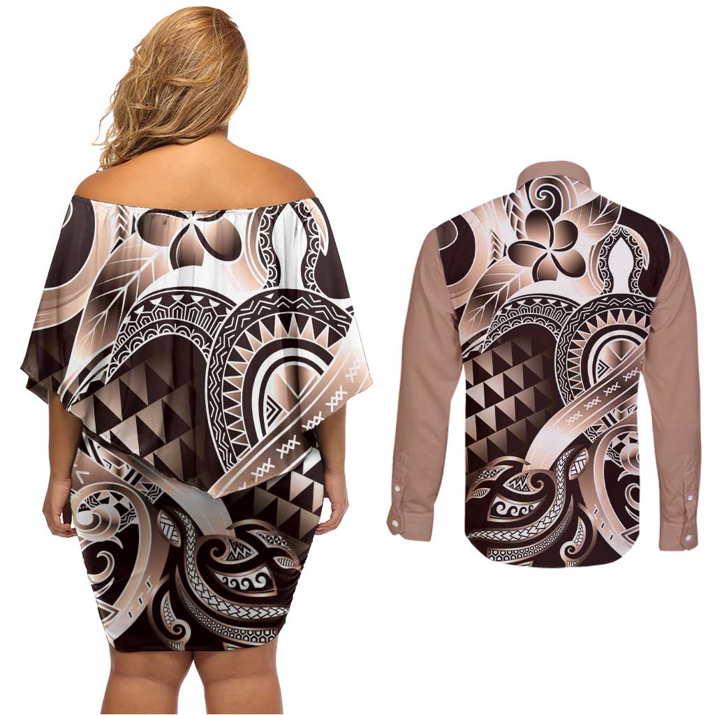 Aloha Mocha Mousse Tribal Honu Tattoo Couples Matching Off Shoulder Short Dress and Long Sleeve Button Shirt